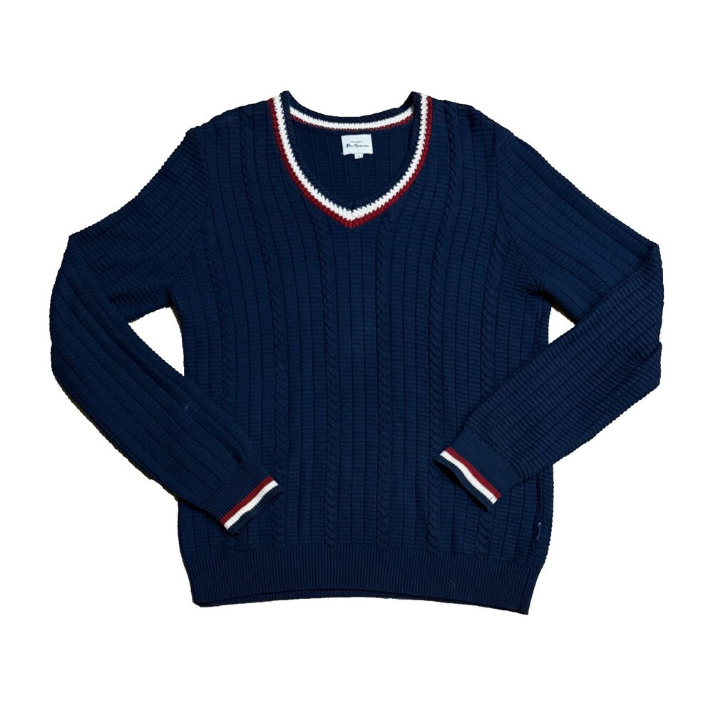 Ben Sherman Men's M Navy Cable Knit Cricket Sweater V Neck Cotton Preppy Sport